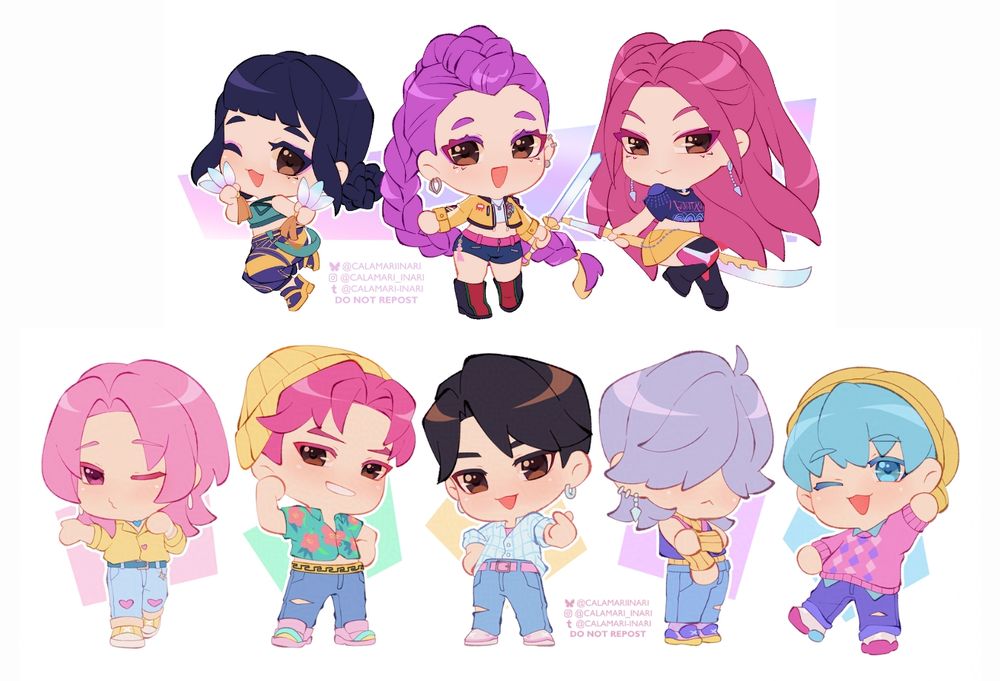 Chibi-style art of Huntr/x and Saja Boys. Starting from top left and going right: Zoey, Rumi, Mira, Romance, Abby, Jinu, Mystery, and Baby