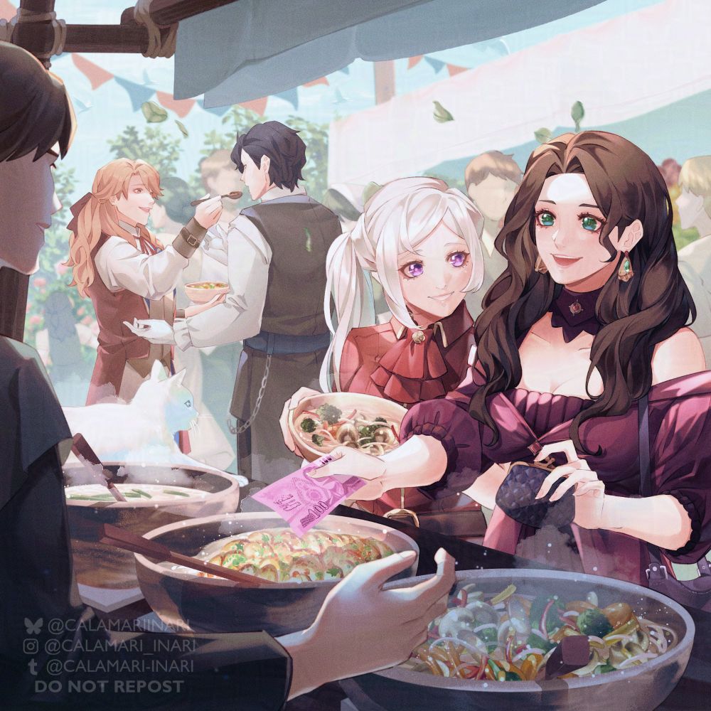 Edelthea and Ferdibert at a food market. Various foods are laid out on the table. Dorothea hands money over to the merchant. Edelgard stands beside her, holding a bowl of noodles. In the back, Ferdinand feeds Hubert with a spoon.