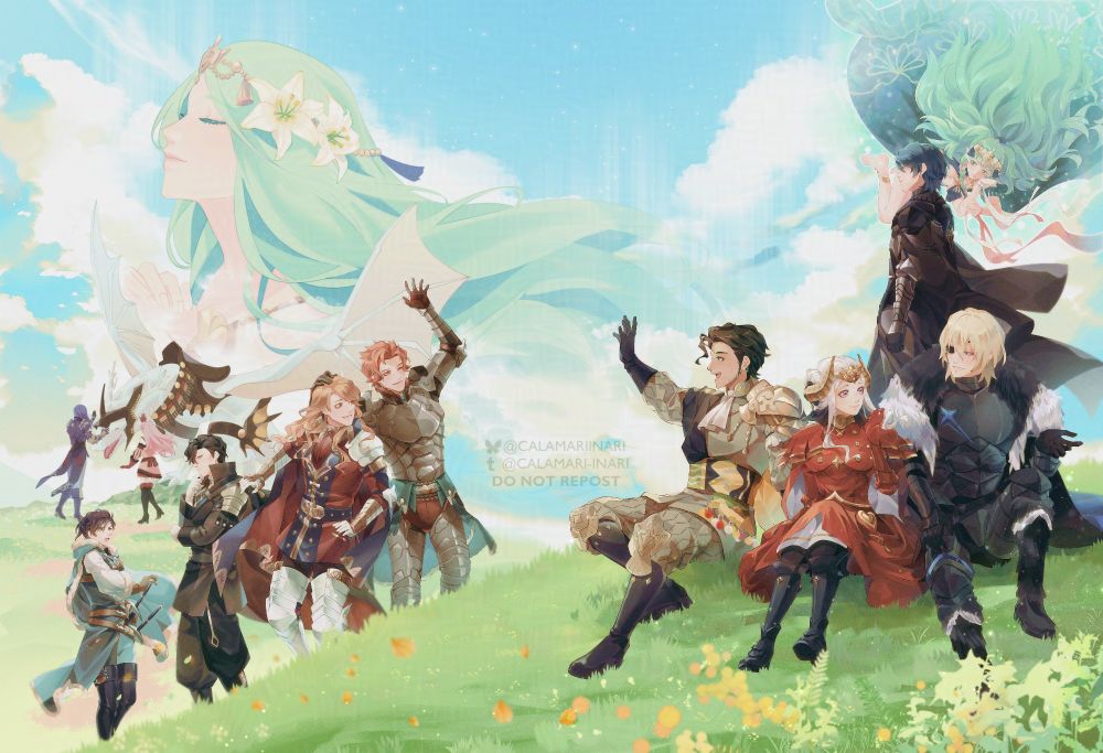 In a grassy field, Dimitri, Edelgard, and Claude sit casually close together as friends. Byleth stands behind them with Sothis floating in the air. In the midground, Sylvain waves towards Claude with a hand playfully on Ferdinand's head. Hubert and Felix stand casually behind. In the background appears Lorenz and Hilda petting a white wyvern. Rhea blends into the blue sky above.