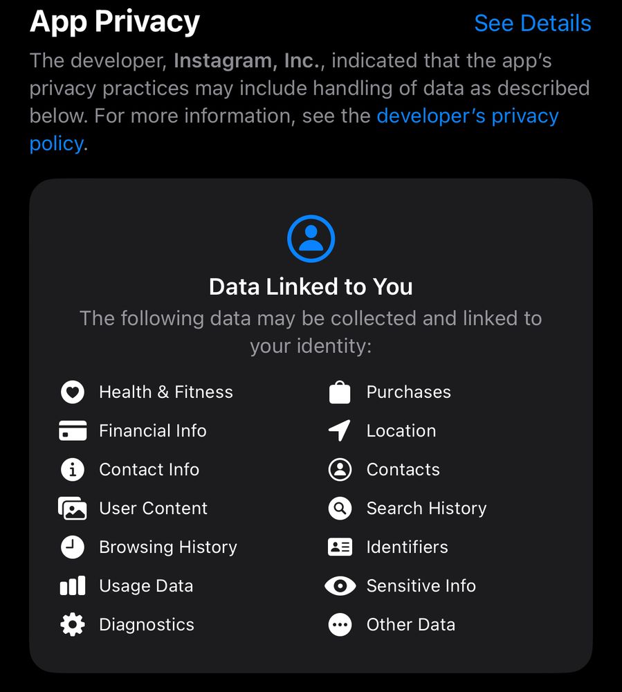 Privacy settings for Meta's Threads - basically everything they could possibly ask including all your purchases, every place you visit and your bank details.