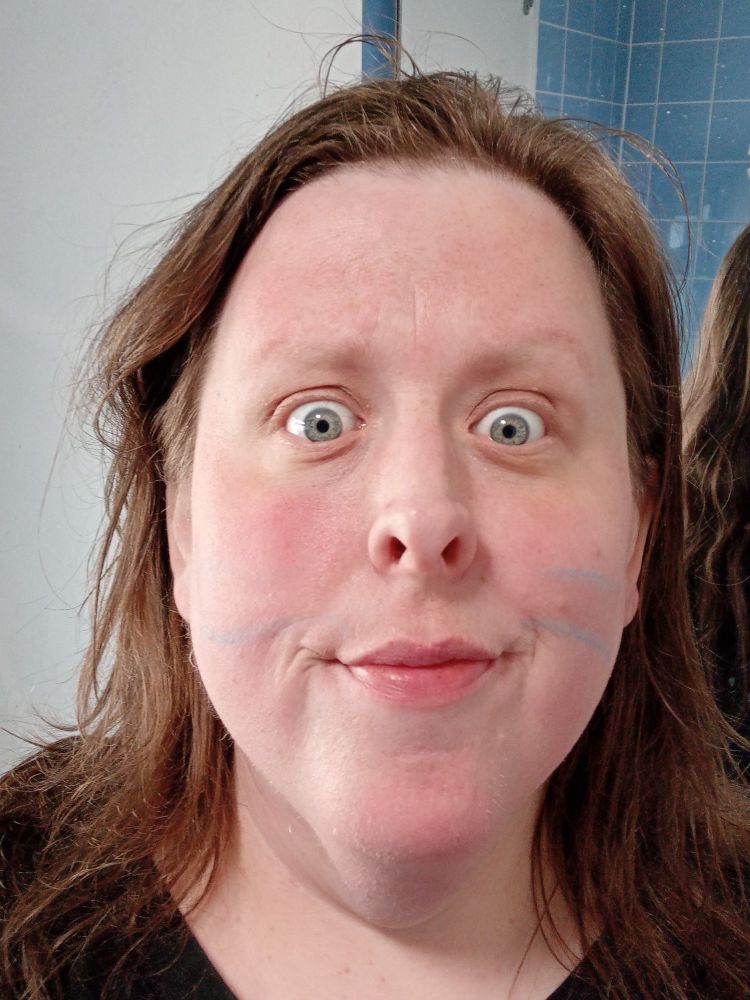 Brig with faded trans flags painted on her cheeks. They look like whisker facepaint. Miaow.