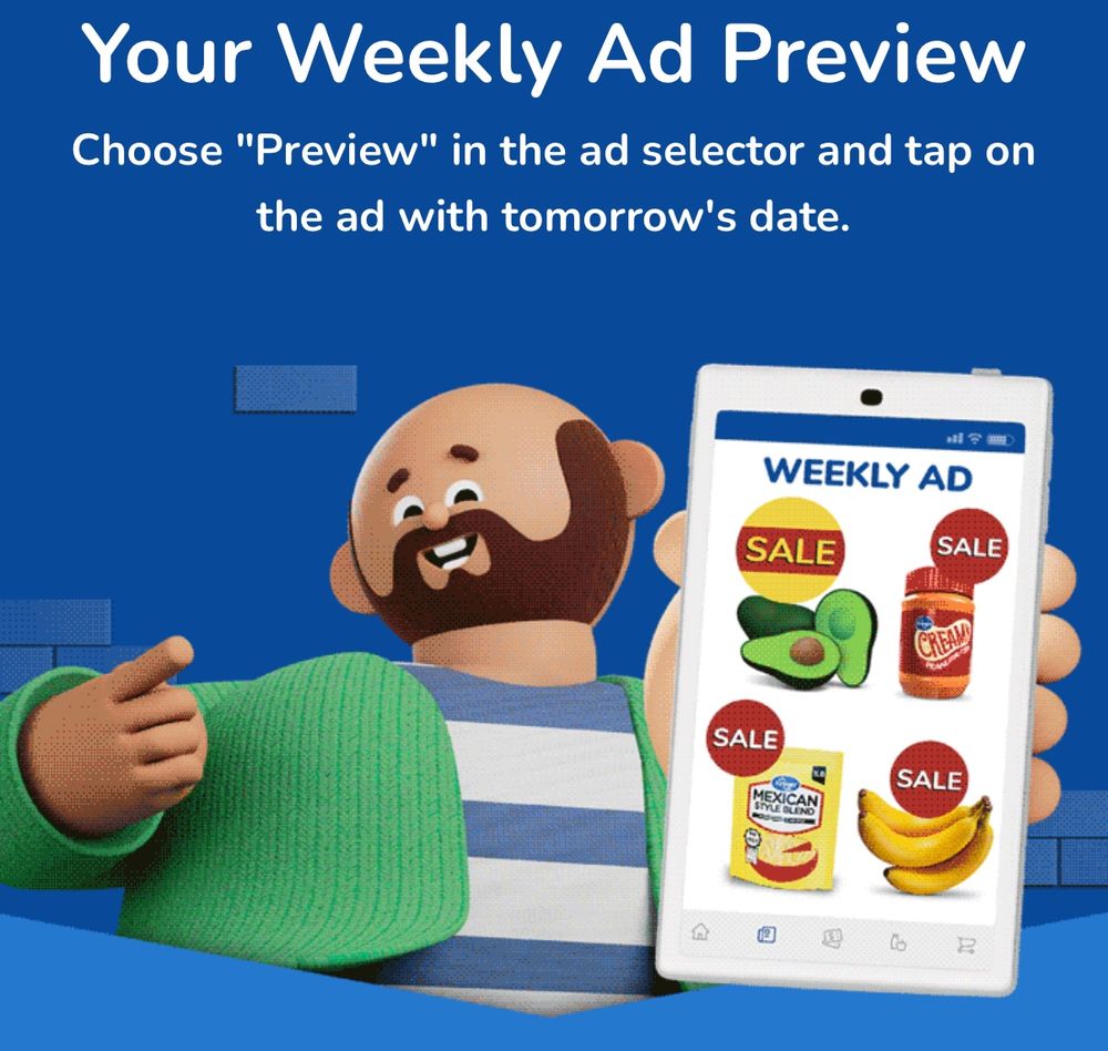 Screenshot from a Kroger marketing email featuring an obese, bald cartoon character smiling at the viewer while holding up items on sale. 