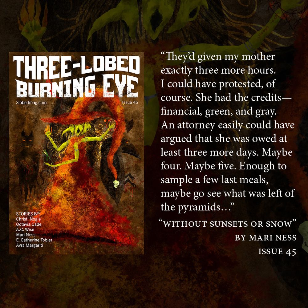 image of Issue 45 cover (featuring a witchlike creature with three heads and its familiars of cat, goat, and crow) along with text of the quote.