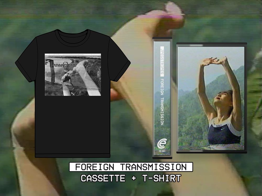 Promo image for JPEGSTRIPES T-shirt and "foreign transmission" on cassette