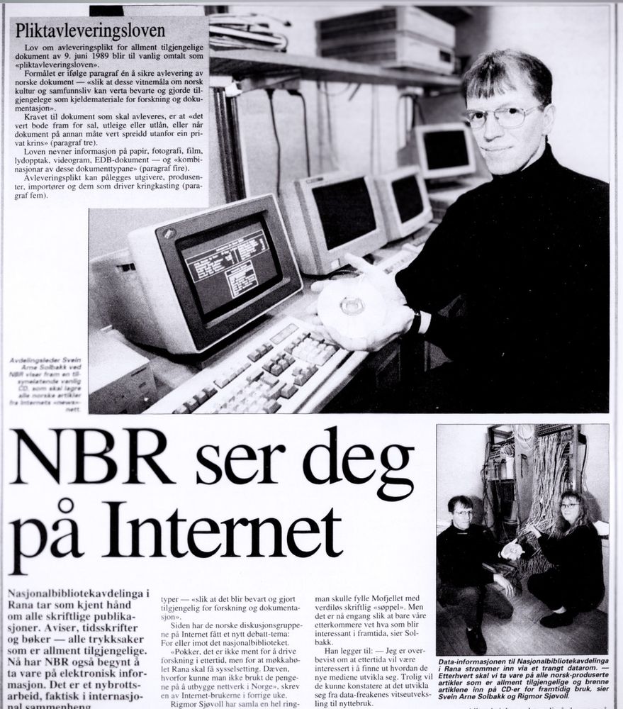 Newspaper facsimile from Rana Blad 1995, NB employees showing CDs, old computers and a lot of cables.