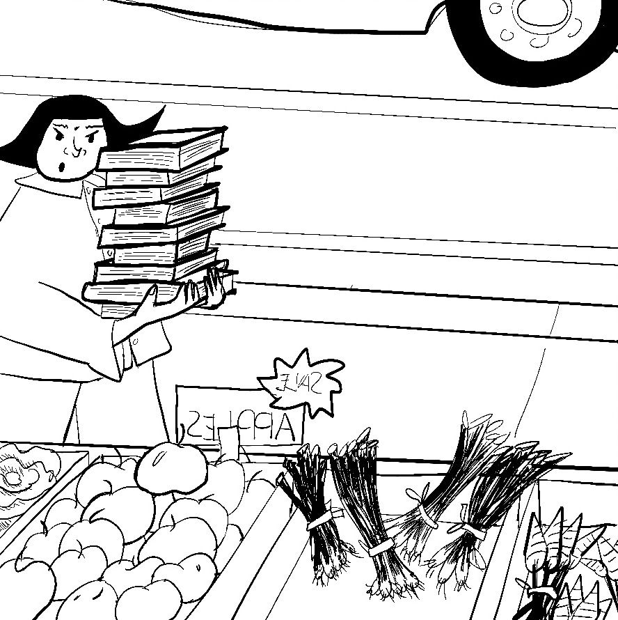 carrying a stack of books that she can barely see over, but she spies a farm stand