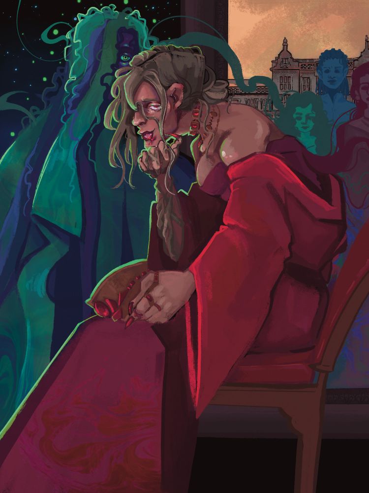An alternate cover for Chapter 16 Moniker. Byrne stands behind Anise with the night sky behind her. Her body is made out of layers of fabric with her hair morphing into the shapes, pulling upp in places and shaping her portrait in the painting behind them. Anise licks blood off her chin in her ill fitting corset, holding a red jewelled crown and staring right at the camera. The portrait behind them features Imogen framed by the research hall and swirling paint strokes to make up the portraits of the three women. 