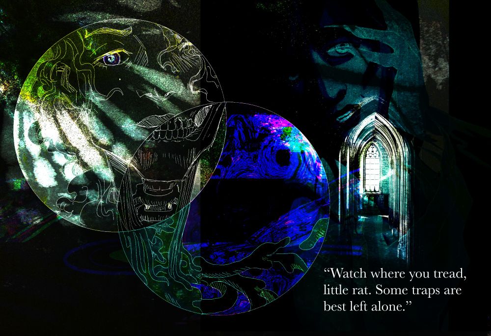 A collage in cool tones. Two petri dishes overlap to create a triptych of the Emmissary, her flesh body on the left, her bones in the center, and a distortion of her skeleton on the right as her body mingles with the Beyond. It's broken up with light, leaving her as a simple line drawing. Emerging from the murky darkness on the right is Farron, smiling as the their hand also distorts, positioned over their sharp cheekbones. They peer between two fingers, and are superimposed over a window meant to represent the research hall the story takes place. Beneath the window there is text reading "Watch where you tread, little rat. Some traps are best left alone." 