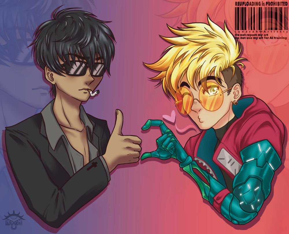 Wolfwood and Vash from Trigun doing the "thumbs up & half heart" meme. Wolfwood is giving a thumbs up while Vash is making a half heart with his hand and making a kissy face. Wolfwood has a blank expression and is wearing dark glasses over his eyes.