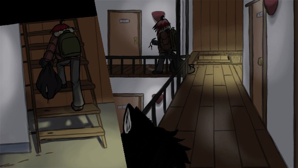 A red and blacked haired person wearing a backpack being seen going up the stairs of a motel dragging a trashbag in one panel, and across a balcony in the next, a cat eared person seen in the foreground. The bag is torn and drips a red trail, and something gray is seen poking out of the tear.