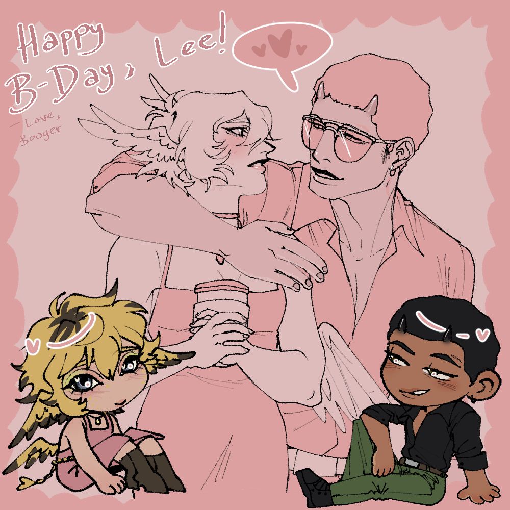 pastel sketch page with two chibis at the bottom. In the back, Luther (Bee's OC) has his arm wrapped around Valkyrie (Booger's OC) while she holds a coffee.
