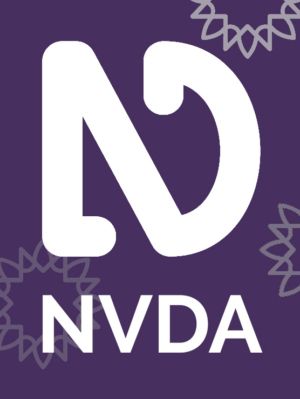 NVDA logo and text in white on purple with grey sunbursts around the edge.