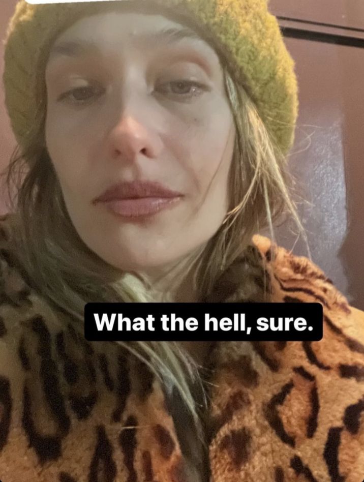 Photo of woman looking tired at camera. The text says "What the hell, sure."