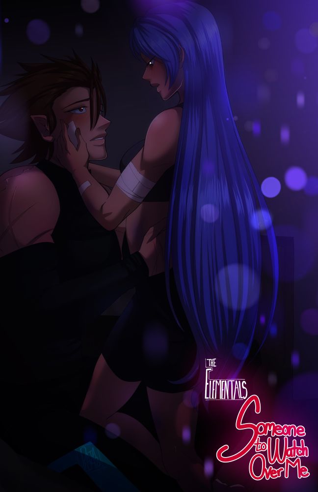 Crissa kneels onto a bed that Forseth sits on and gently touches his face, looking down at him with gentle concern. Forseth looks up at her, slightly blushing and having an expression of longing and love.