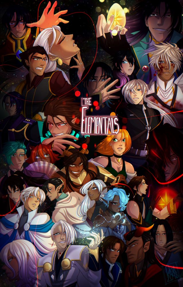 Illustration of about 30 different OCs in varying sizes and poses. There is a red thread that weaves in and out from different parts of the illustration, symbolizing the “thread of fate” that connects all the characters and their stories together.