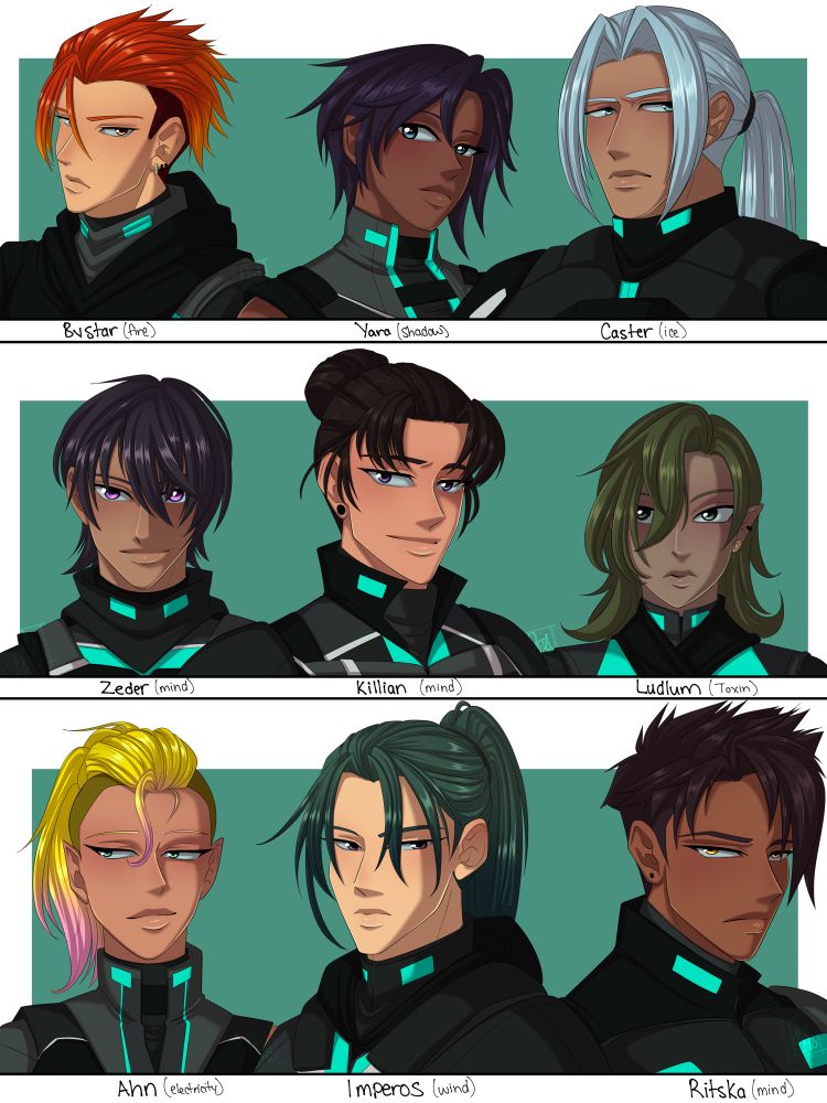 All characters have a similar color scheme outfit that matches Forseth, their commander.

Top row: Bystar (Fire). Short buzzed sides, longer ish red-orange hair fluffed on top. Hair fades to a yellow at the ends. Orange eyes. Yara (shadow). Dark skin. Purplish blue hair cut in a pixie cut with long bangs that rest over the left side of her face. Purple eyes. Caster (ice). Older, more muscular male with light, almost white, blue hair. Light blue eyes.

Middle row: Zeder (mind). Younger male with tanned skin and dusty purple hair in a wolf-cut. Bright purple eyes. Killian, dark reddish brown hair pulled into a bun; loose strands of hair whisps by his ears, and has short bangs. Purple eyes. Ludlum (toxin), greyish skin with sage green hair, medium length.Dark green eyes. 

Bottom row: Ahn (electric), shaved sides, long wavy yellow hair knit into a top ponytail. Hair fades to pink. Teal eyes. Pointed ears, as she is a dragon in human form. Imperos (wind), long greenish hair pulled into a high ponytail, with whisps of hair that falls into his face. His hair fades to a blue. Faded purple eyes. Ritska (mind), dark skin with purplish brown hair, spiked to the left, and longer bags covering the left side of his face. Yellow eyes.