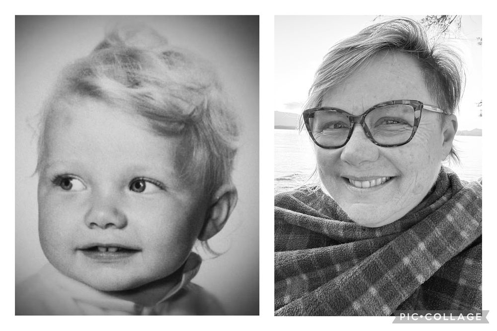 Two black & white headshots, the same only different. Mandy at 2 years old and 62 years old. 