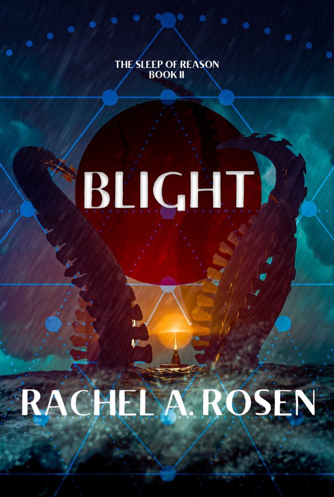 Blight by Rachel A. Rosen (The Sleep of Reason Book 2). Giant bone tentacles surround a sub in the middle of a turbulent ocean. Metal AF.