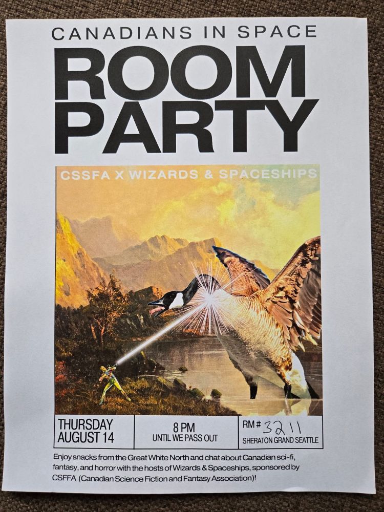 CSFFA x wizards & spaceships room party thursday august 14 at 8 pm in room 3211 at the Sheraton Grande.