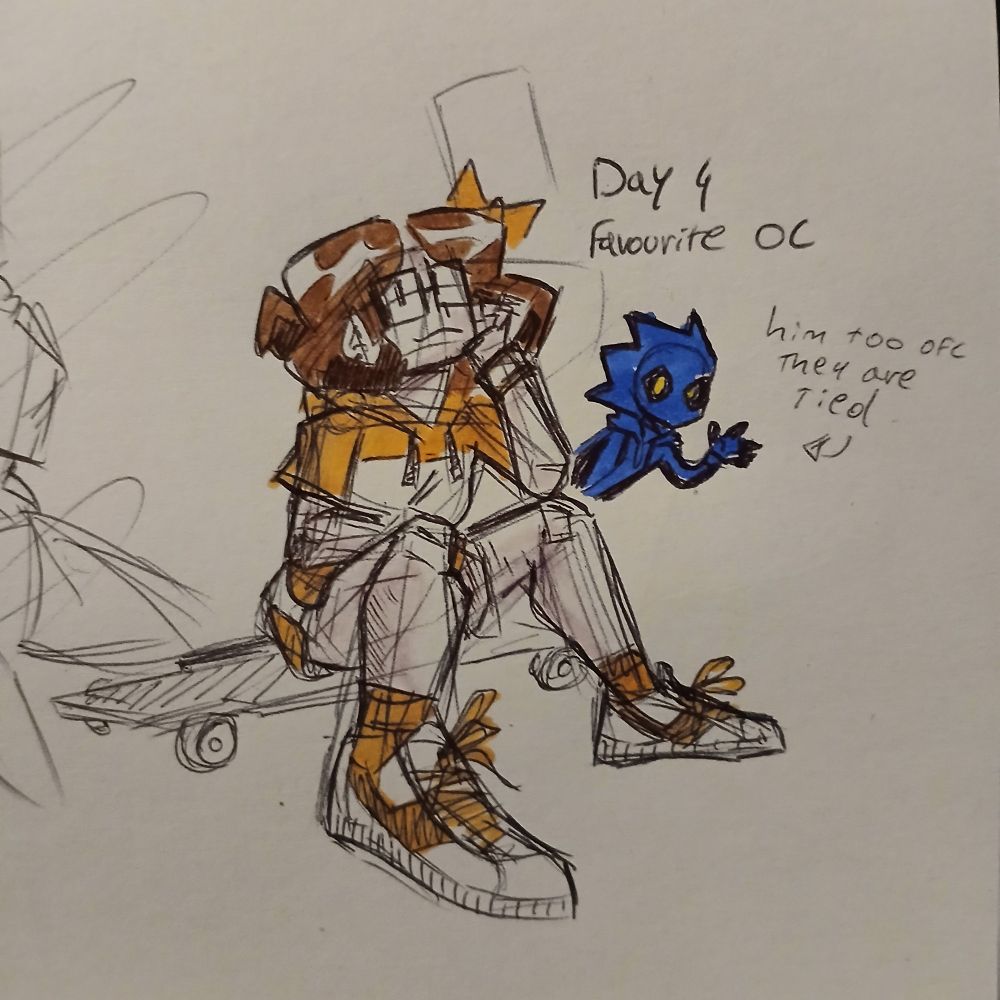 Doodle of Beamy, she's sitting on a skateboard while wearing an orange and white hoodie hair bow, shorts, shoes and socks