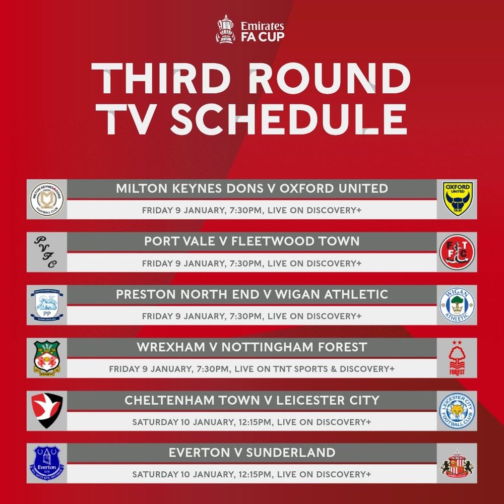 FA Cup third round TV ties, with 4 kicking off Friday night, and 2 kicking off Saturday 12.15