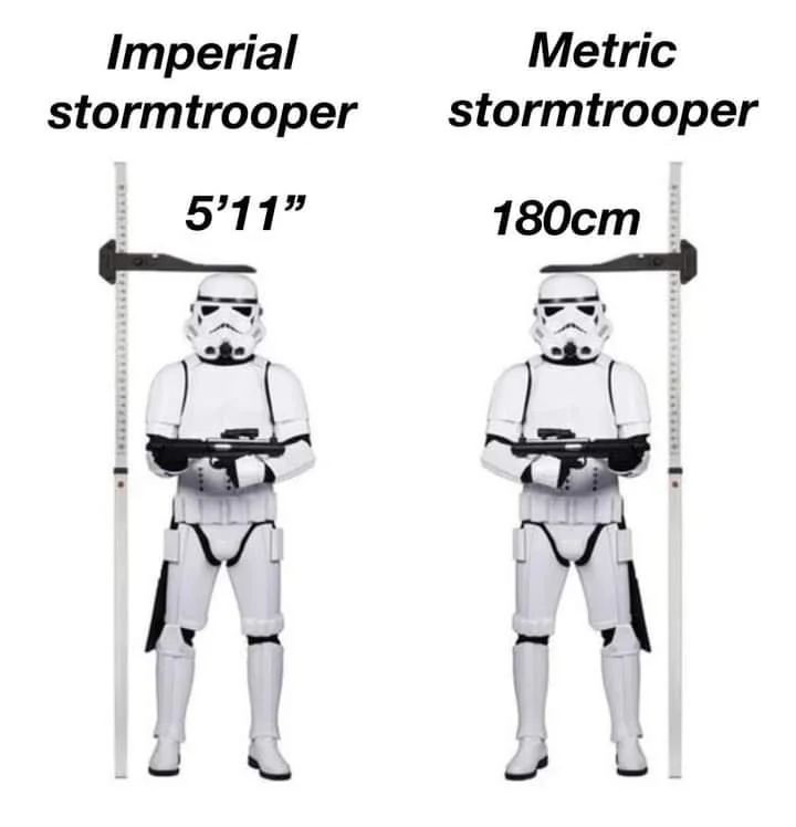Two Star Wars imperial stormtroopers. The left one having a scale saying 5 feet 11, with the text Imperial stormtrooper above it, while the right one is listed as 180cm and has the text metric stormtrooper above it.