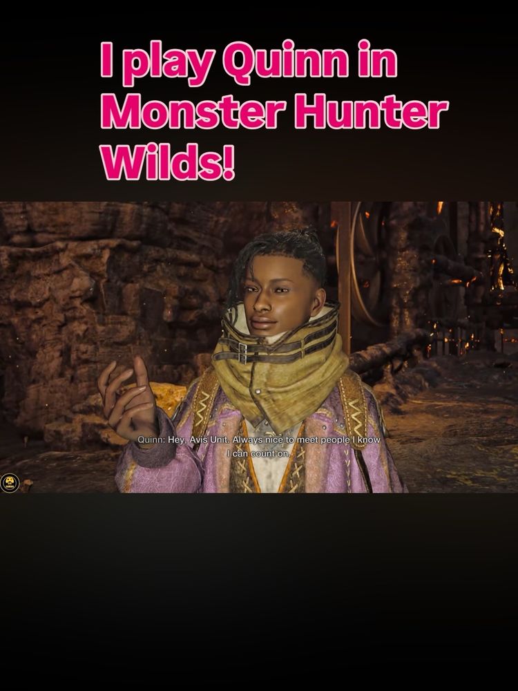 A photo of Quinn from Monster Hunter Wilds under text that says "I play Quinn in Monster Hunter Wilds" as Krystina is the voice for the character in the game 