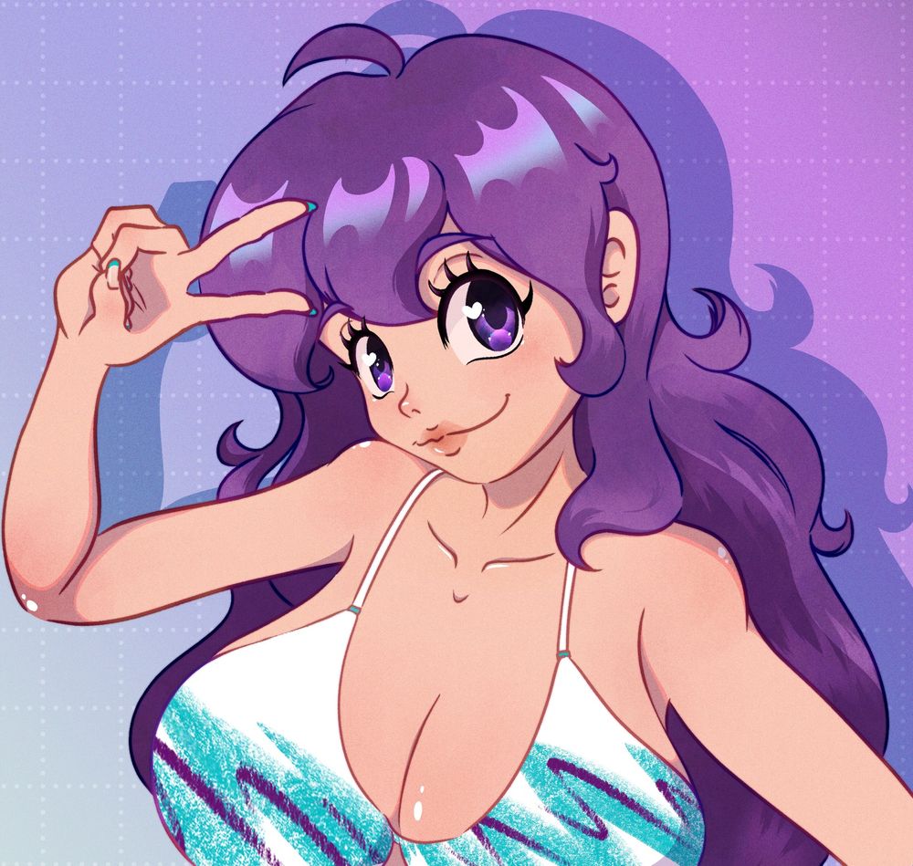Art by artbychichi of my OC, Shizuka Mizoguchi; she has purple hair and purple eyes. She wears a bikini top bearing the classic Jazz design.