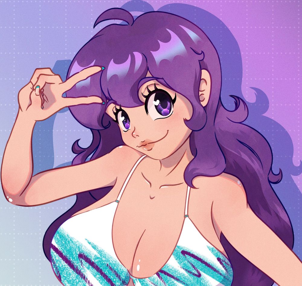 Art by artbychichi of my OC, Shizuka Mizoguchi, who has purple hair and purple eyes; she wears a bikini top bearing the classic Jazz design found on paper cups from the ‘90s.
