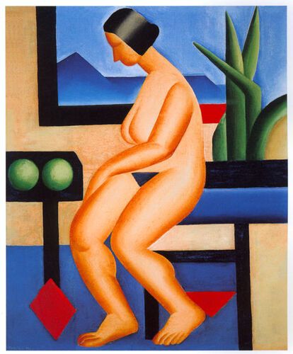 This work by Tarsila do Amaral, titled "Nu," exemplifies her unique blend of modernist influences and Brazilian cultural themes through its vivid colors and geometric forms. The painting features a stylized nude figure set against a backdrop of bold shapes and contrasting colors, reflecting the artist's exploration of identity and abstraction.