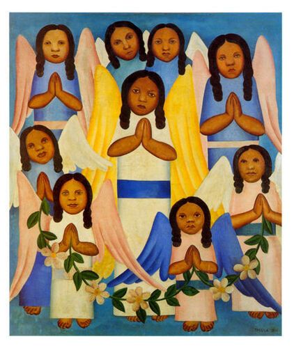 "Anjos," by Tarsila do Amaral, captures a group of serene angels with folded hands, enveloped by vibrant colors and stylized forms typical of the Brazilian modernist movement. The composition reflects Amaral's unique blend of Brazilian culture and avant-garde European influences, emphasizing simplicity and spirituality.