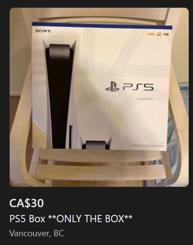 Classified ad selling an empty PS5 box for $30