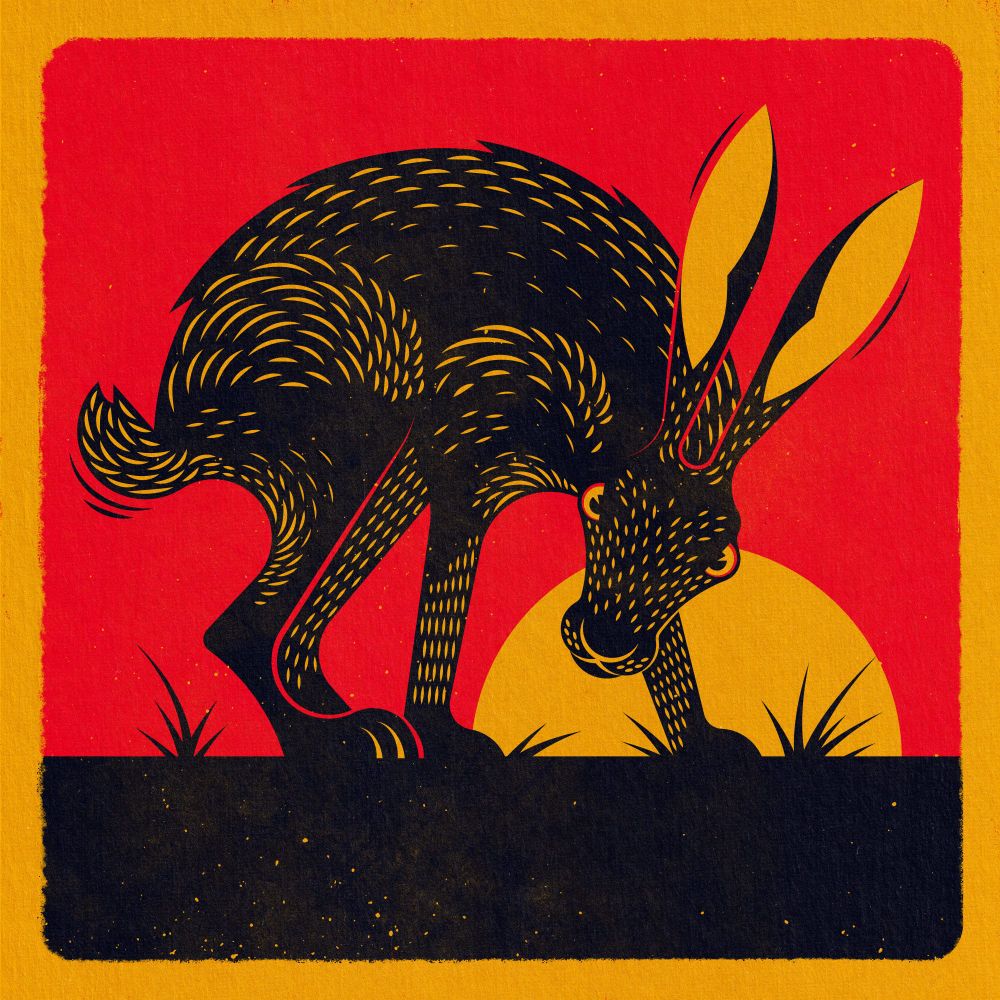 An illustration of a black jackrabbit in the desert at sunset