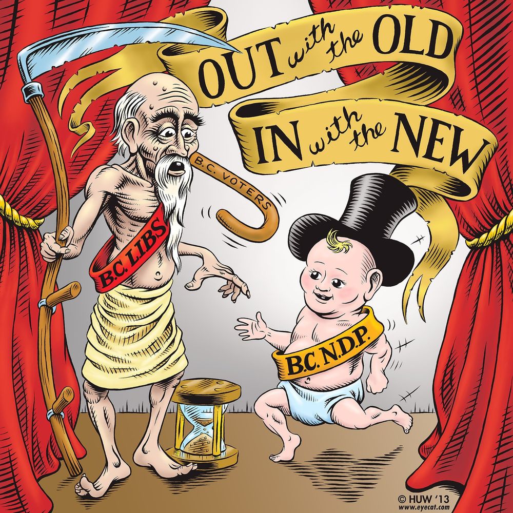 A full-colour New Year political cartoon by Huw Evans, showing a scythe-wielding Old Man Time (representing the Liberal Party of BC) about to be yanked off stage with a hook labelled "B.C. Voters", to make room for the Baby New Year, representing the New Democratic Party, on a stage with large red curtains. Above them a hand-lettered banner says, "OUT with the OLD and IN with the NEW".