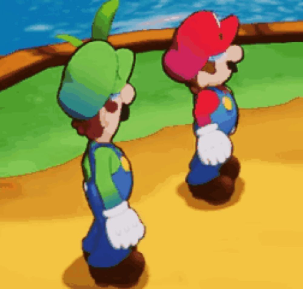 mario and luigi are standing next to each other in a video game .