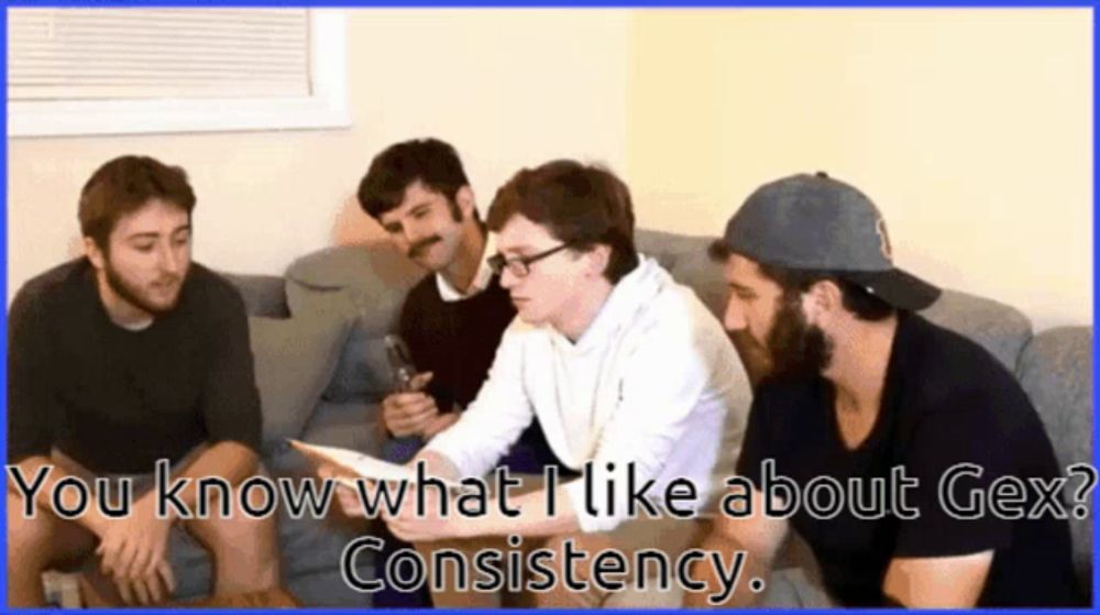 a group of men are sitting on a couch with the caption " you know what i like about gex consistancy "