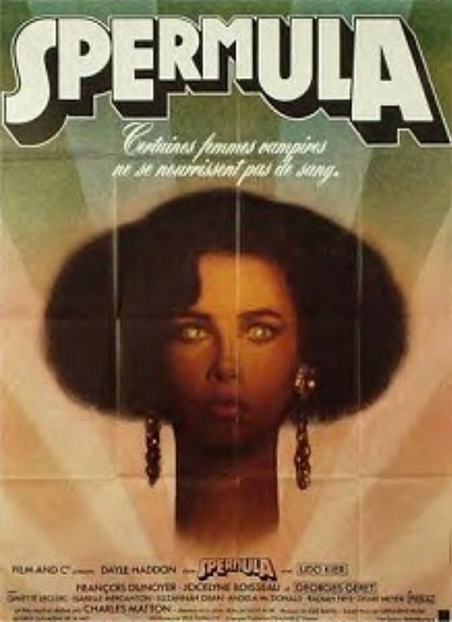Publicity photo for the Udo Kier-starring Spermula, showing an above-torso view of a young black woman with an Afro, long ornate earring pendants and an unnervingly long neck