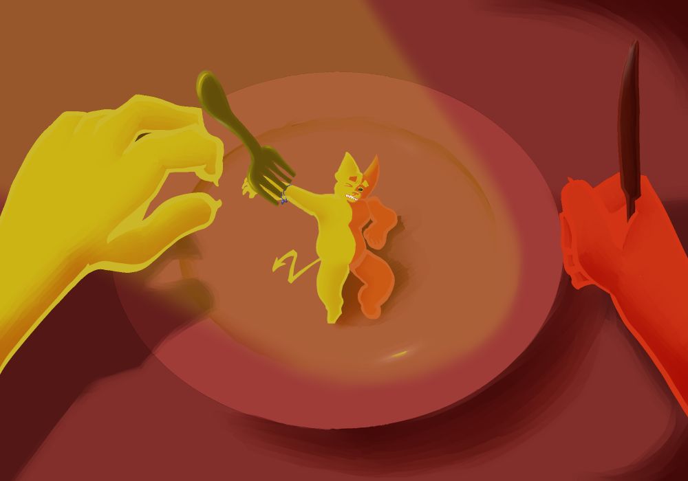 A yellow and red anthropomorphic cat pinned to a plate with a fork. Large hands, similar to his own, grow closer. Its dinner time