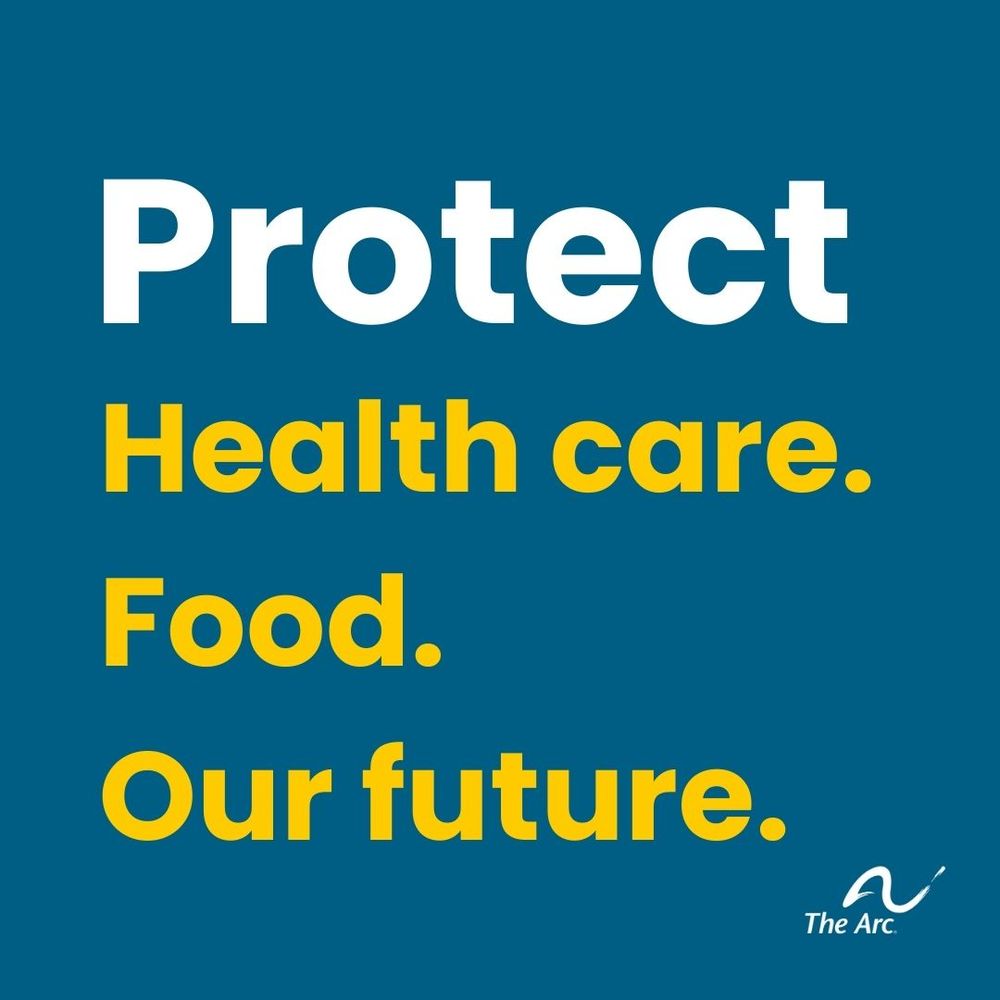 Blue background with white and yellow text that says, "Protect Health care. Food. Our Future."