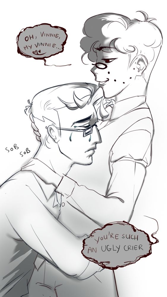 Human Alastor hugs sobbing human Vox from Hazbin Hotel while smugly consolidating him.