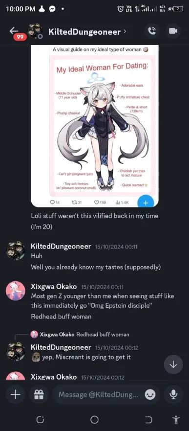 Chat of Kilted and Oka, showing their talk about "preferred type of woman", with Kilted saying that "Miscreant is going to get it"