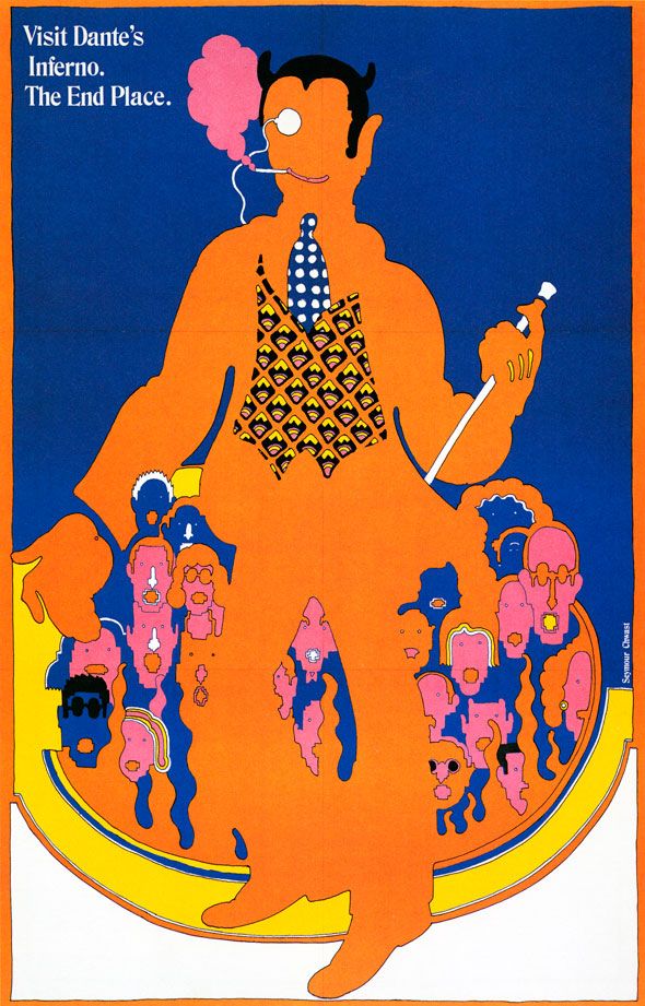 Seymour Chwast poster for Canto XVIII / Dante's Inferno. Depicts a smiling devil figure smoking a cigarette and holding a cane. 