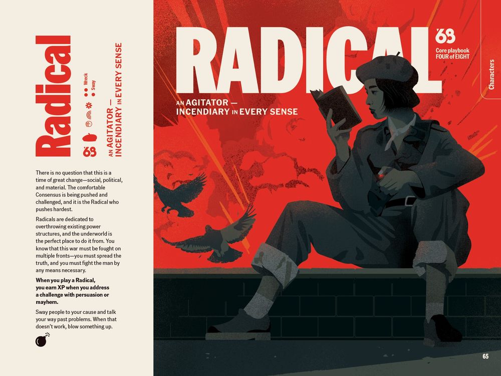 Double page spread from Blades 68, showing the Radical playbook. A woman in a jumpsuit, wearing a bandolier and beret, sitting on a rooftop. She's reading a book in one hand and holding a detonator in the other. There's a huge explosion in bright red behind her, causing two pigeons to take off in fright. 
