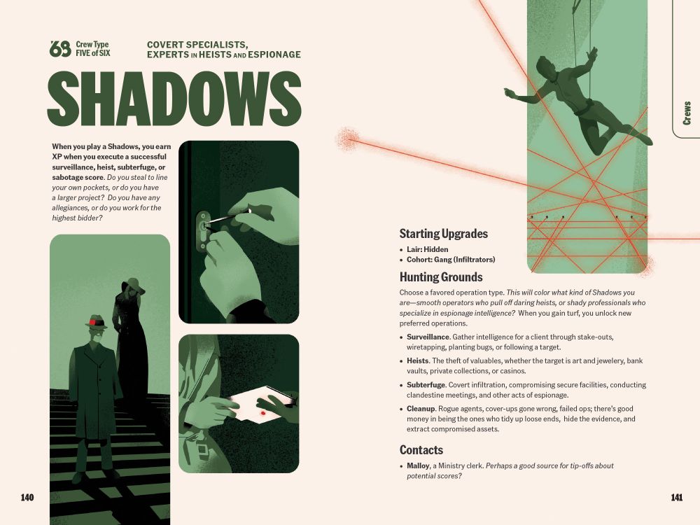 A double page spread from Blades '68 showing the Shadows crew. Pictured: Two silhouetted figures standing on stairs. Picking a lock. Handing off a folder. A figure in a catsuit descending through a laser grid. 