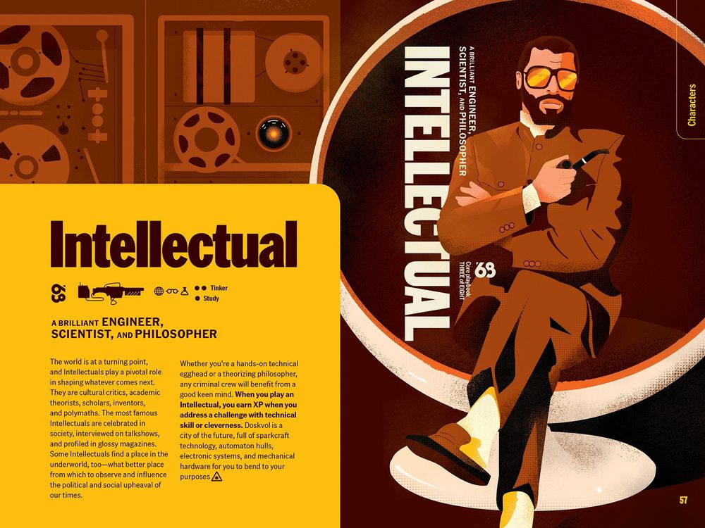 A double page spread from Blades 68, of the Intellectual playbook. A bearded man in a nehru suit and slippers sits in an egg chair. He's wearing big, chunky late 60s glasses, and holding a pipe.