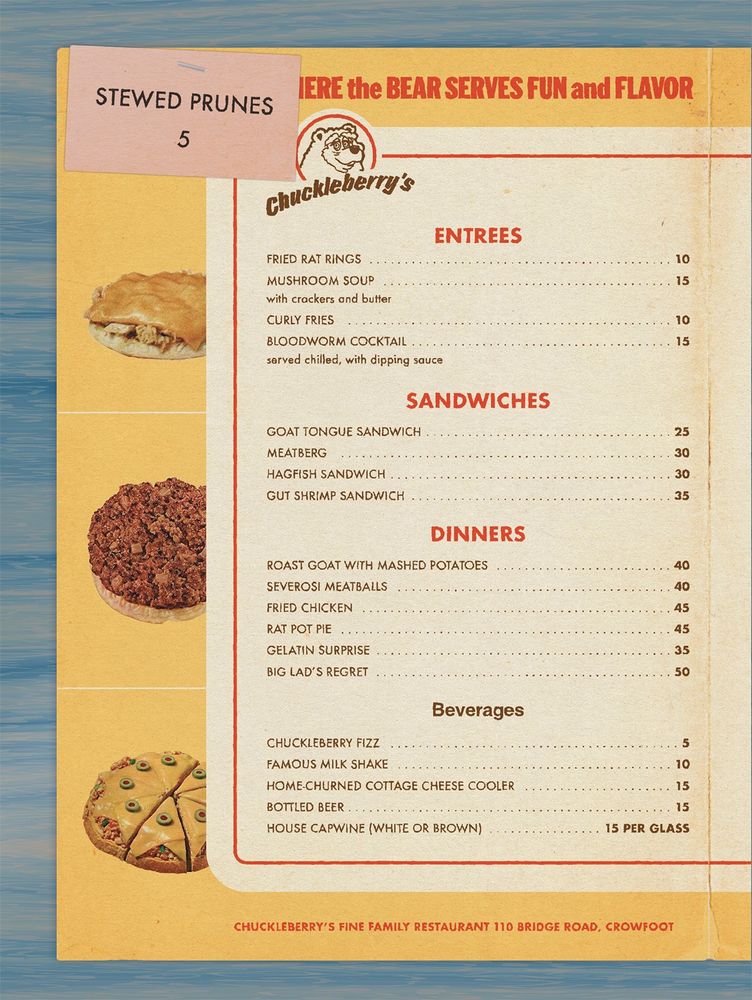A yellowing menu for Chuckleberry's Fine Family Restaurant, for the Blades 68 setting