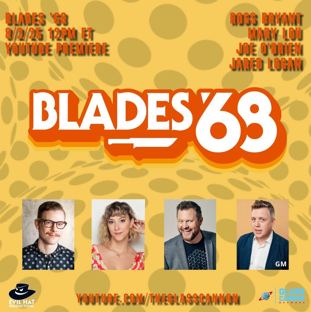 An instagram promo post for the Glass Cannon playing Blades '68, 8/2/25, 12pn ET. Youtube Premiere. Ross Bryant, Mary Lou, Joe O'Brien, Jared Logan. Youtube.com/theglasscannon 