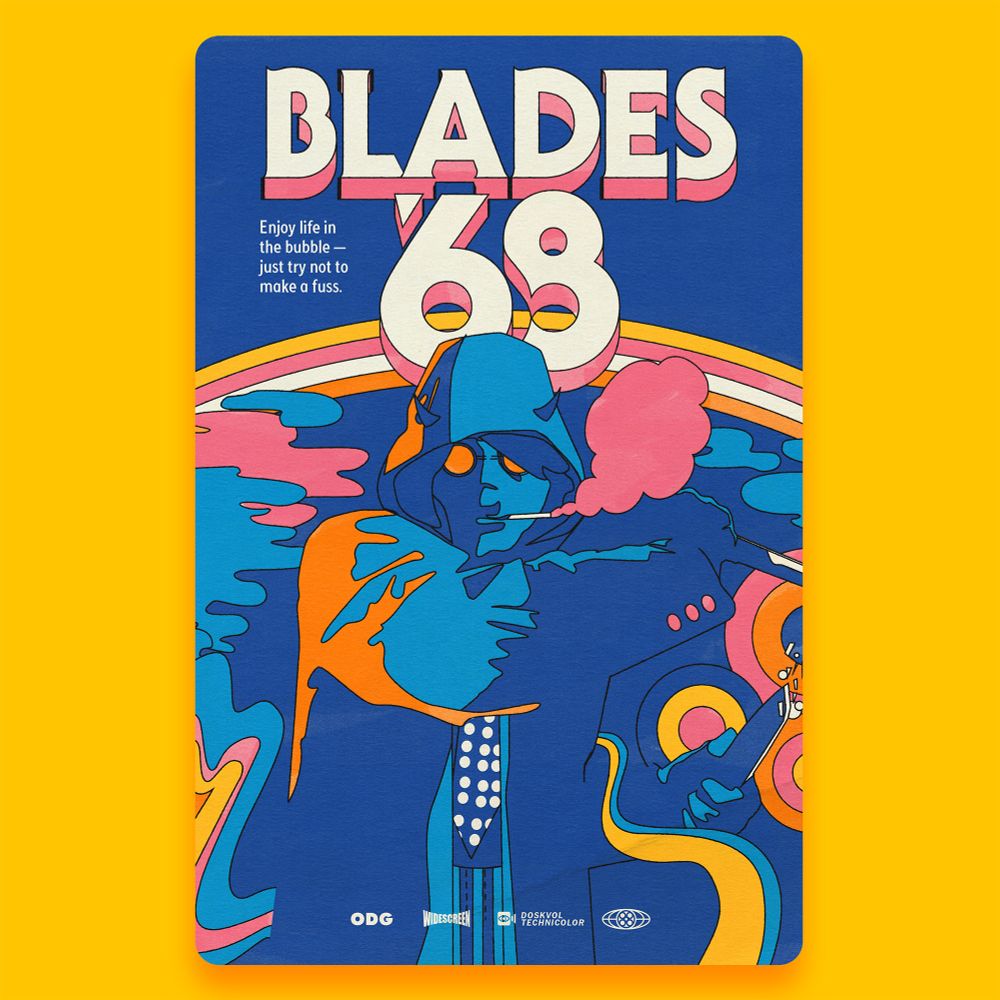 A poster-style image with the title "Blades '68", and "Enjoy life in the bubble - just try not to make a fuss" in smaller text. Depicts a hooded figure holding two knives, same as the cover of Blades in the Dark, but in the style of Seymour Chwast (lots of curvy wavy lines and circles). 