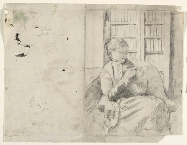 In this working drawing for the softground etching and aquatint of the same title, Cassatt portrays her mother in a quiet moment of concentration with her handwork. Freely drawn, the study was used to block out main areas of light and dark with strong diagonal shading in graphite. Cassatt's skillful arrangement of forms may be found in the contrast between the curving lines of the figure and the armchair with the verticals and horizontals of the flanking bookcase. Cassatt's mother, Katherine Kelso Cassatt, had received a Continental education, spoke fluent French, and was extremely well read. She oversaw the rigorous education of her children and supported Cassatt's artistic career, living abroad with her daughter and often serving as a model.