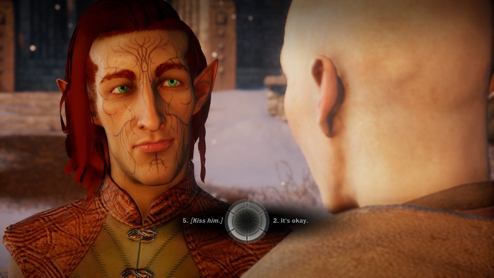 A male Dalish elf sharing a romantic look with Solas from Dragon Age Inquisition